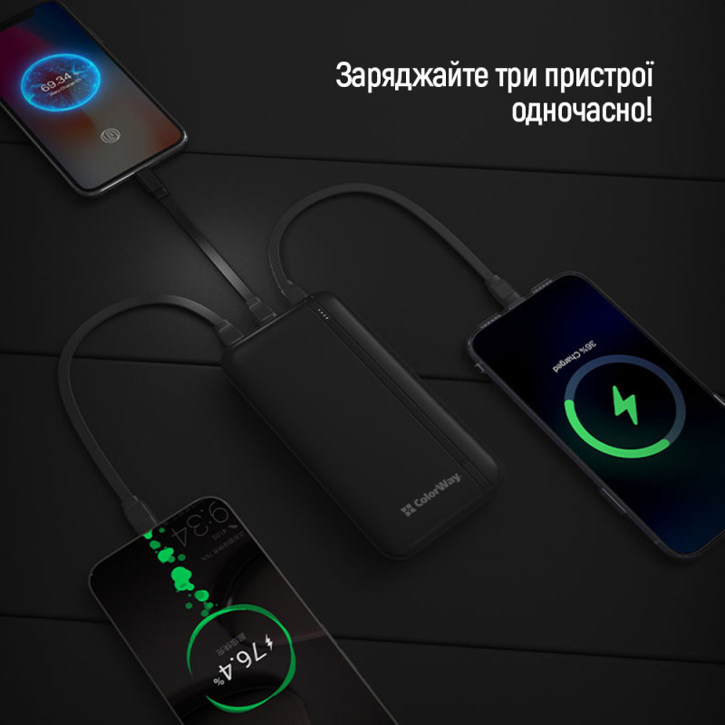 УМБ ColorWay 20000mAh 22.5W USB+USB-C Black (CW-PB200LPB4BK-PD)