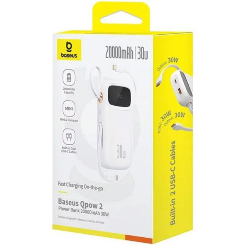 УМБ Baseus QPow2 20000mAh 30W, з 2*Type-C Cable, White (P10055009213-00)