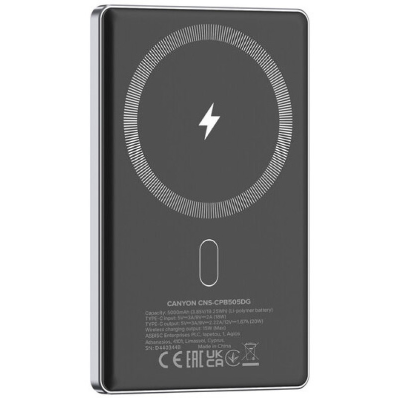 УМБ Canyon 5000mAh OnPower 505 slim Magsafe Dark Grey (CNS-CPB505DG)