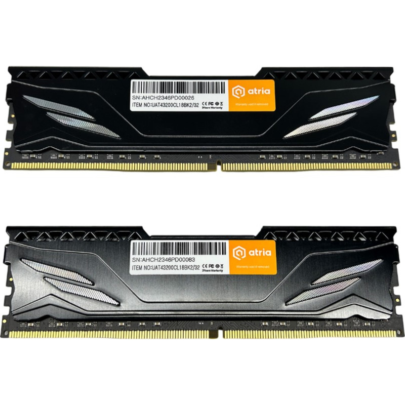Модуль пам'яті Atria DDR4 32GB 2x16GB 3200MHz Fly Black (UAT43200CL18BK2/32)