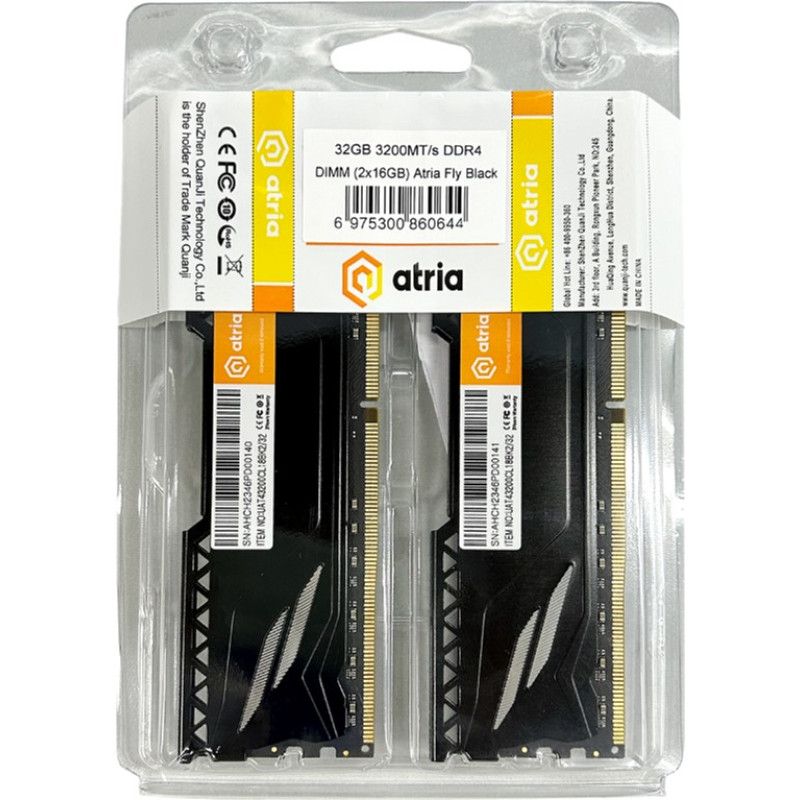 Модуль пам'яті Atria DDR4 32GB 2x16GB 3200MHz Fly Black (UAT43200CL18BK2/32)