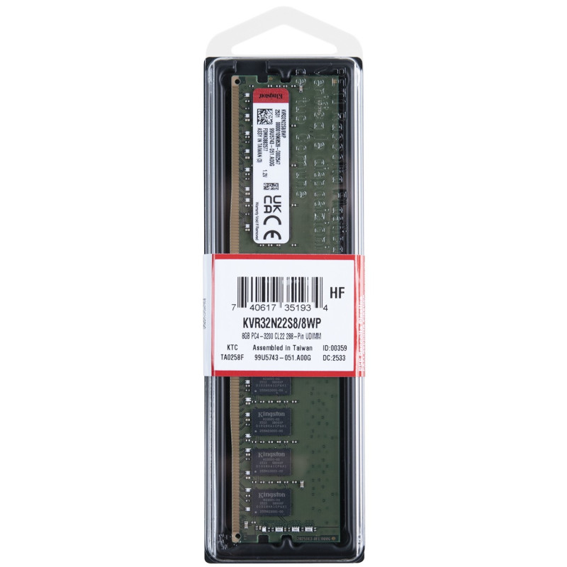Модуль пам'яті Kingston DDR4 8GB/3200 ValueRAM (KVR32N22S8/8WP)