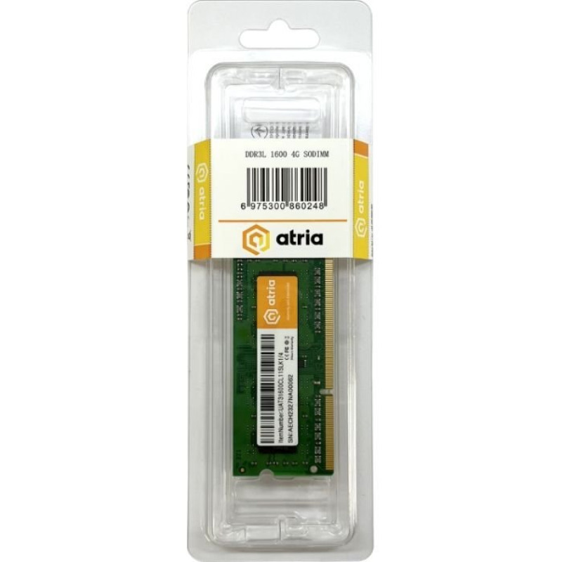 Модуль пам'яті ATRIA SoDIMM DDR3 4GB 1600MHz (UAT31600CL11SLK1/4)