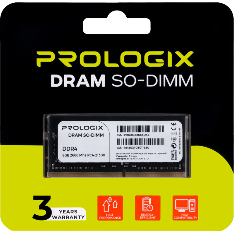 Модуль пам'яті Prologix SO-DIMM 8GB/2666 DDR4 (PRO8GB2666D4S)