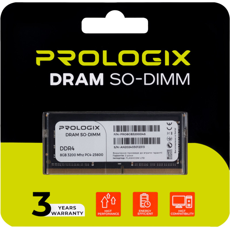 Модуль пам'яті Prologix SO-DIMM 8GB/3200 DDR4 (PRO8GB3200D4S)