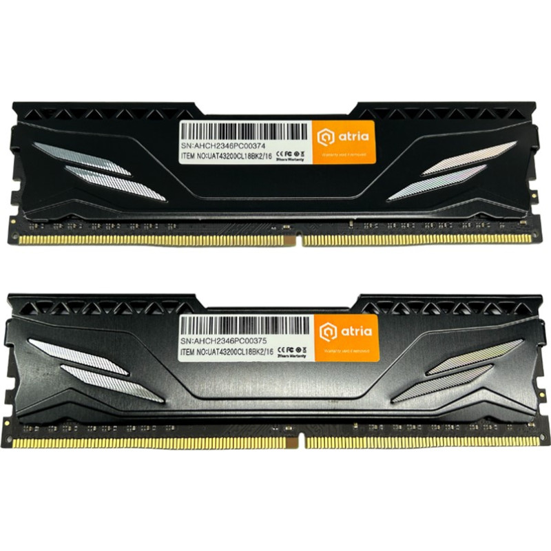 Модуль пам'яті Atria DDR4 16GB 2x8GB 3200MHz Fly Black (UAT43200CL18BK2/16)