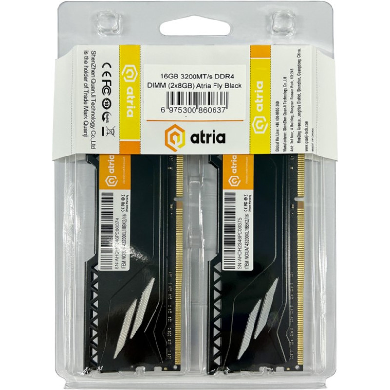 Модуль пам'яті Atria DDR4 16GB 2x8GB 3200MHz Fly Black (UAT43200CL18BK2/16)