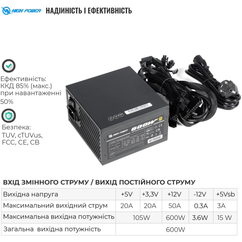 Блок живлення HighPower 600W 80+ GOLD (HP1-J600GD-F12S)
