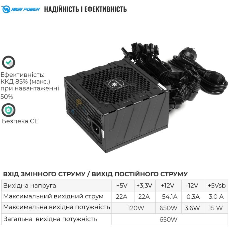 Блок живлення HighPower 650W 80+ Bronze (HP1-M650BR-H12S)