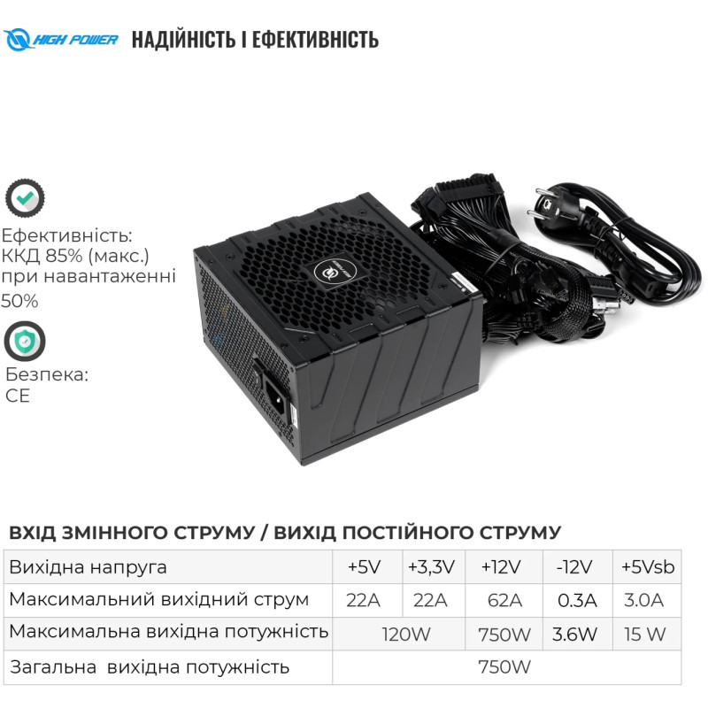 Блок живлення HighPower 750W 80+ Bronze (HP1-M750BR-H12S)
