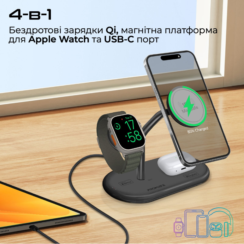 Бездротова зарядна станція Promate Synergy-Pro MagSafe 57W Black