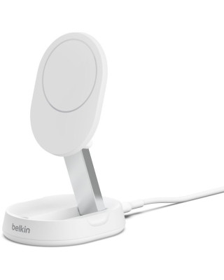 Бездротовий зарядний пристрій Belkin 15Вт Magnetic Stand Qi2 White, адаптер USB-C 20Вт (WIA008VFWH)