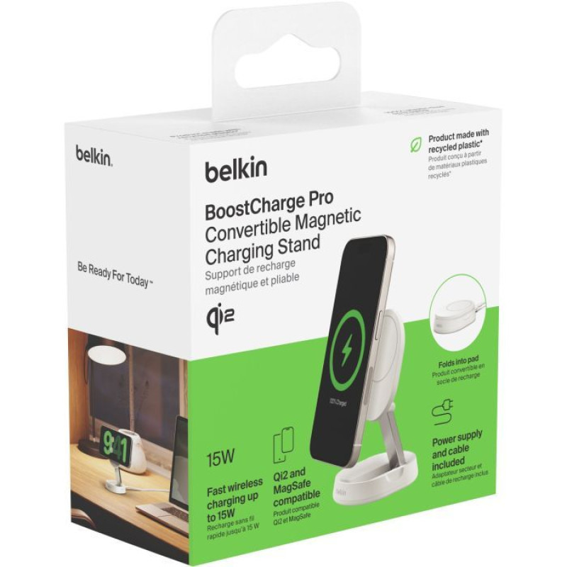 Бездротовий зарядний пристрій Belkin 15Вт Magnetic Stand Qi2 White, адаптер USB-C 20Вт (WIA008VFWH)