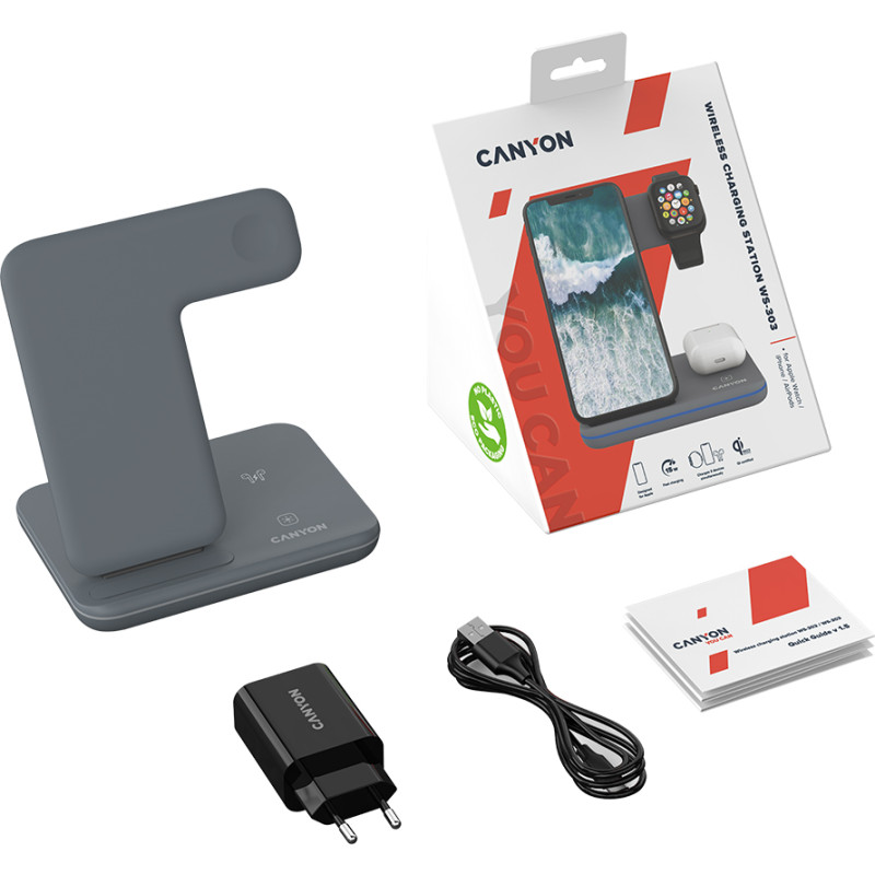Зарядний пристрій Canyon WS-303, 3in1 Wireless Dark Grey (CNS-WCS303DG)