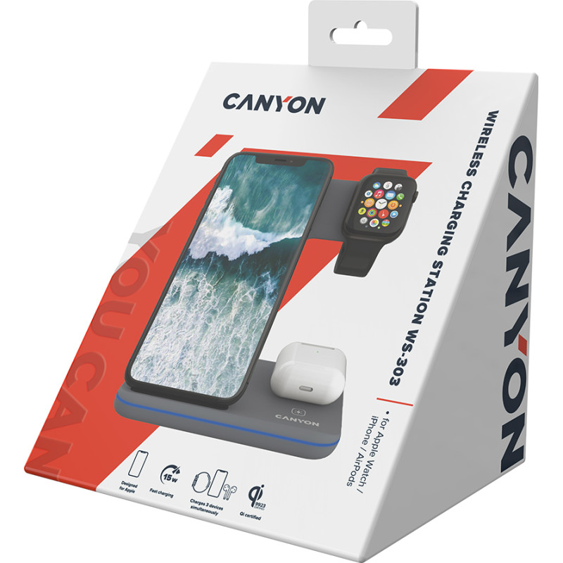 Зарядний пристрій Canyon WS-303, 3in1 Wireless Dark Grey (CNS-WCS303DG)
