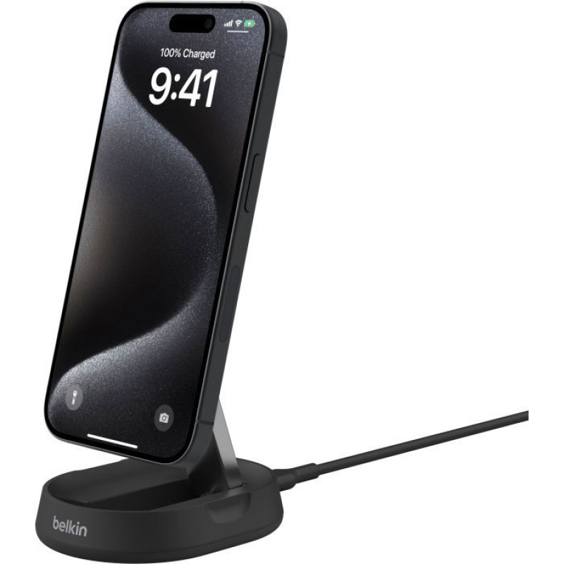 Бездротовий зарядний пристрій Belkin 15Вт Magnetic Stand Qi2 Black, адаптер USB-C 20Вт (WIA008VFBK)