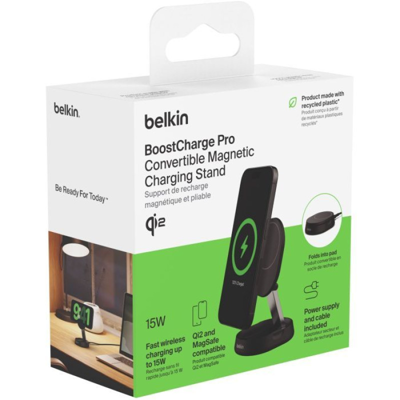 Бездротовий зарядний пристрій Belkin 15Вт Magnetic Stand Qi2 Black, адаптер USB-C 20Вт (WIA008VFBK)
