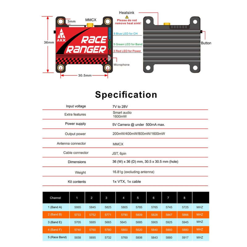 Відеопередавач (VTX) AKK Race Ranger 1.6W 5.8GHz 48CH L,X Band (TX1918LX)