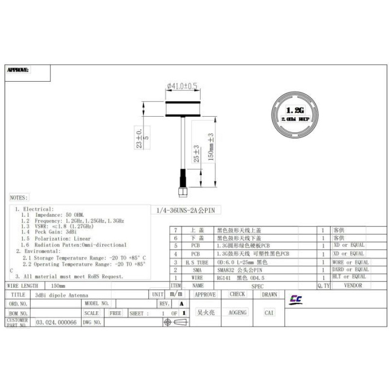Антена для дрона Skyzone 1.2GHz 150mm SMA RHCP (1.2GANT)