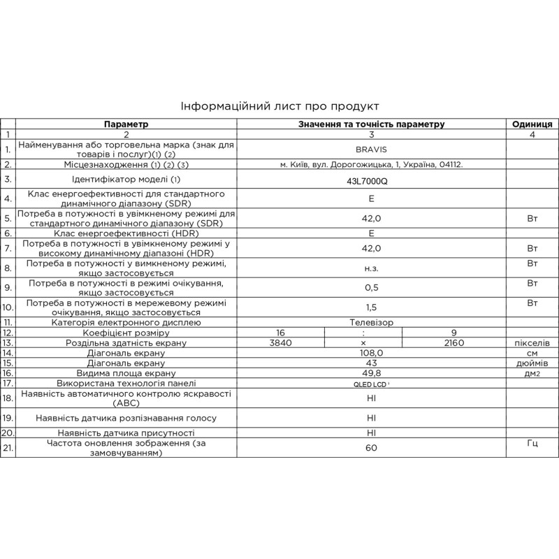 Телевізор BRAVIS 43L7000Q